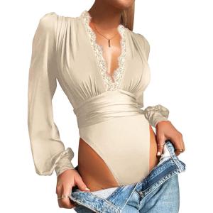 imageLYANER Womens Lace Trim V Neck Puff Long Sleeve Leotard Bodysuit TopsBeige
