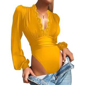 imageLYANER Womens Lace Trim V Neck Puff Long Sleeve Leotard Bodysuit TopsGinger