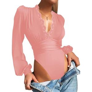 imageLYANER Womens Lace Trim V Neck Puff Long Sleeve Leotard Bodysuit TopsPink