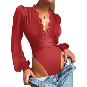imageLYANER Womens Lace Trim V Neck Puff Long Sleeve Leotard Bodysuit TopsRed