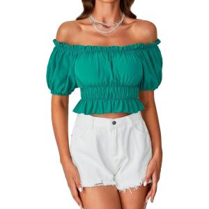 imageLYANER Womens Off Shoulder Short Sleeve Pleated Ruffle Trim Crop Top Blouse ShirtLake Green