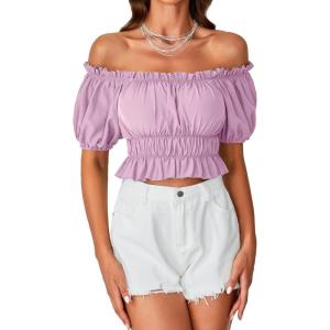 imageLYANER Womens Off Shoulder Short Sleeve Pleated Ruffle Trim Crop Top Blouse ShirtLight Purple