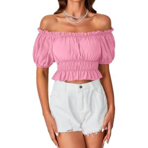 imageLYANER Womens Off Shoulder Short Sleeve Pleated Ruffle Trim Crop Top Blouse ShirtPink