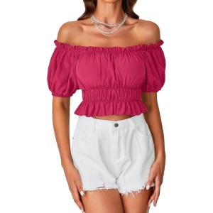 imageLYANER Womens Off Shoulder Short Sleeve Pleated Ruffle Trim Crop Top Blouse ShirtRose