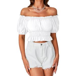 imageLYANER Womens Off Shoulder Short Sleeve Pleated Ruffle Trim Crop Top Blouse ShirtWhite