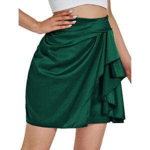 imageLYANER Womens Stain Silky Ruffle Front High Waist Zipper A line Mini Short SkirtDark Green