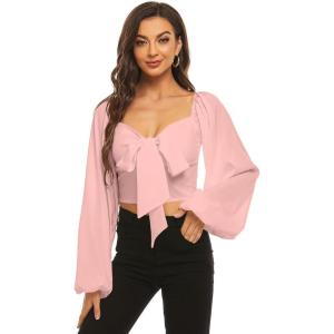 imageLYANER Womens Tie Knot Front Shirred Back Lantern Long Sleeve Crop Blouse Tee TopBaby Pink