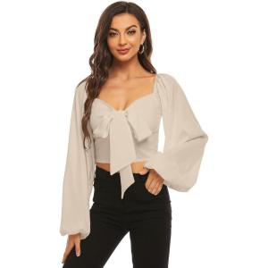 imageLYANER Womens Tie Knot Front Shirred Back Lantern Long Sleeve Crop Blouse Tee TopBeige