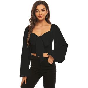 imageLYANER Womens Tie Knot Front Shirred Back Lantern Long Sleeve Crop Blouse Tee TopBlack