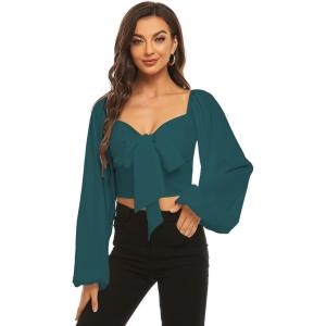 imageLYANER Womens Tie Knot Front Shirred Back Lantern Long Sleeve Crop Blouse Tee TopDark Green
