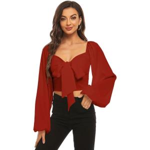 imageLYANER Womens Tie Knot Front Shirred Back Lantern Long Sleeve Crop Blouse Tee TopRed