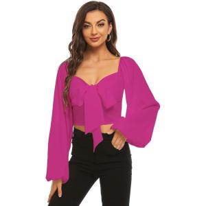 imageLYANER Womens Tie Knot Front Shirred Back Lantern Long Sleeve Crop Blouse Tee TopRose