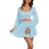 imageLYANER Womens 2 Piece Outfits Self Tie Knot Crop Top and Mini Skirt SetLight Blue