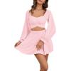 imageLYANER Womens 2 Piece Outfits Self Tie Knot Crop Top and Mini Skirt SetPink
