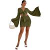imageLYANER Womens 2 Piece Outfits Tie Knot Front Bell Long Sleeve Crop Top and Mini Skirt SetArmy Green
