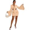 imageLYANER Womens 2 Piece Outfits Tie Knot Front Bell Long Sleeve Crop Top and Mini Skirt SetBeige