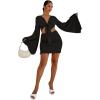 imageLYANER Womens 2 Piece Outfits Tie Knot Front Bell Long Sleeve Crop Top and Mini Skirt SetBlack