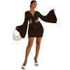 imageLYANER Womens 2 Piece Outfits Tie Knot Front Bell Long Sleeve Crop Top and Mini Skirt SetDark Brown