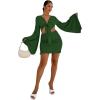 imageLYANER Womens 2 Piece Outfits Tie Knot Front Bell Long Sleeve Crop Top and Mini Skirt SetDark Green