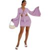 imageLYANER Womens 2 Piece Outfits Tie Knot Front Bell Long Sleeve Crop Top and Mini Skirt SetLight Purple