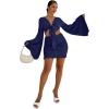 imageLYANER Womens 2 Piece Outfits Tie Knot Front Bell Long Sleeve Crop Top and Mini Skirt SetNavy Blue