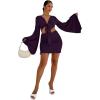 imageLYANER Womens 2 Piece Outfits Tie Knot Front Bell Long Sleeve Crop Top and Mini Skirt SetPurple