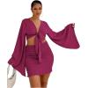 imageLYANER Womens 2 Piece Outfits Tie Knot Front Bell Long Sleeve Crop Top and Mini Skirt SetPurplish Red