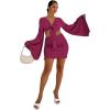 imageLYANER Womens 2 Piece Outfits Tie Knot Front Bell Long Sleeve Crop Top and Mini Skirt SetPurplish Red