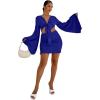 imageLYANER Womens 2 Piece Outfits Tie Knot Front Bell Long Sleeve Crop Top and Mini Skirt SetRoyal Blue