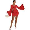 imageLYANER Womens 2 Piece Outfits Tie Knot Front Bell Long Sleeve Crop Top and Mini Skirt SetRust Red