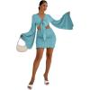imageLYANER Womens 2 Piece Outfits Tie Knot Front Bell Long Sleeve Crop Top and Mini Skirt SetSolid Light Blue