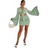 imageLYANER Womens 2 Piece Outfits Tie Knot Front Bell Long Sleeve Crop Top and Mini Skirt SetSolid Light Green