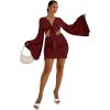 imageLYANER Womens 2 Piece Outfits Tie Knot Front Bell Long Sleeve Crop Top and Mini Skirt SetWine Red