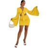 imageLYANER Womens 2 Piece Outfits Tie Knot Front Bell Long Sleeve Crop Top and Mini Skirt SetYellow