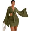 imageLYANER Womens 2 Piece Outfits Tie Knot Front Bell Long Sleeve Crop Top and Mini Skirt SetArmy Green