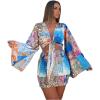 imageLYANER Womens 2 Piece Outfits Tie Knot Front Bell Long Sleeve Crop Top and Mini Skirt SetBlue
