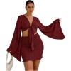 imageLYANER Womens 2 Piece Outfits Tie Knot Front Bell Long Sleeve Crop Top and Mini Skirt SetWine Red
