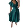 imageLYANER Womens Warp V Neck Ruffle Short Sleeve A Line Swing Flared Cocktail Party Midi DressDark Teal Green