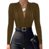 imageLYANER Womens Wraped V Neck Ruched Long Sleeve Leotard Bodysuit TopArmy Green
