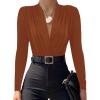 imageLYANER Womens Wraped V Neck Ruched Long Sleeve Leotard Bodysuit TopBurnt Orange