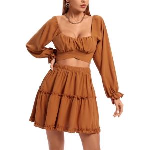 imageLYANER Womens 2 Piece Outfits Self Tie Knot Crop Top and Mini Skirt SetCaramel