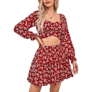 imageLYANER Womens 2 Piece Outfits Self Tie Knot Crop Top and Mini Skirt SetFloral Red