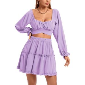 imageLYANER Womens 2 Piece Outfits Self Tie Knot Crop Top and Mini Skirt SetLavender
