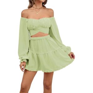 imageLYANER Womens 2 Piece Outfits Self Tie Knot Crop Top and Mini Skirt SetLight Green