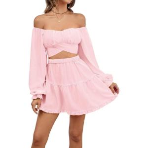 imageLYANER Womens 2 Piece Outfits Self Tie Knot Crop Top and Mini Skirt SetPink
