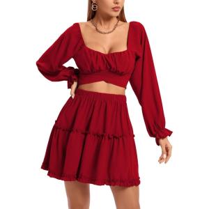 imageLYANER Womens 2 Piece Outfits Self Tie Knot Crop Top and Mini Skirt SetRed