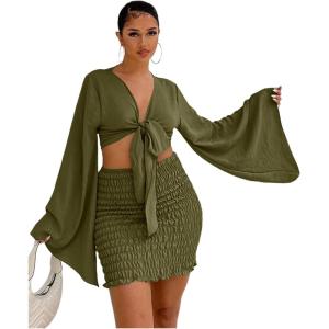 imageLYANER Womens 2 Piece Outfits Tie Knot Front Bell Long Sleeve Crop Top and Mini Skirt SetArmy Green
