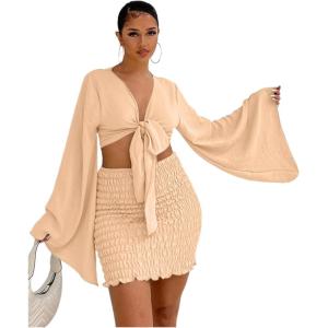 imageLYANER Womens 2 Piece Outfits Tie Knot Front Bell Long Sleeve Crop Top and Mini Skirt SetBeige