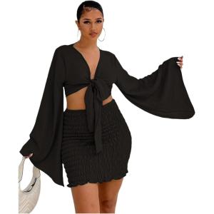 imageLYANER Womens 2 Piece Outfits Tie Knot Front Bell Long Sleeve Crop Top and Mini Skirt SetBlack