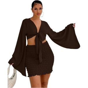 imageLYANER Womens 2 Piece Outfits Tie Knot Front Bell Long Sleeve Crop Top and Mini Skirt SetDark Brown